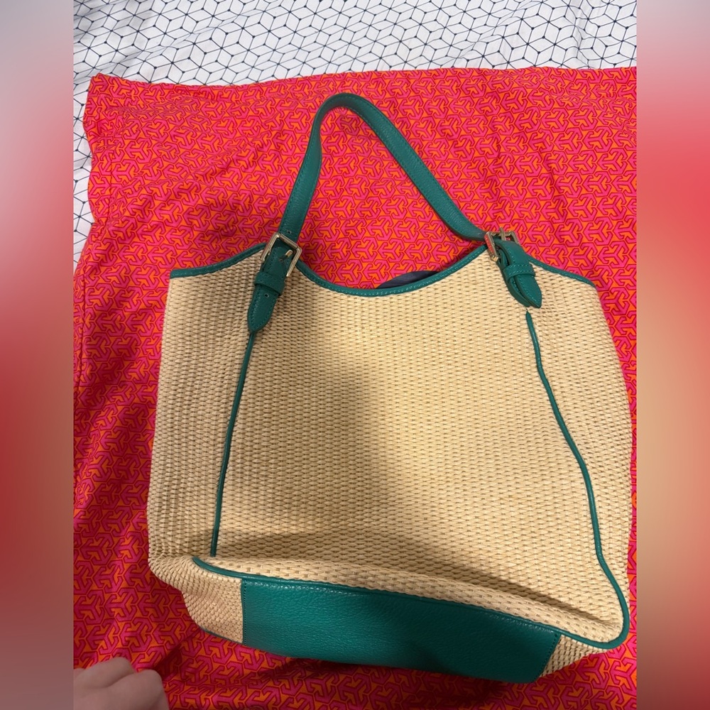 Tory Burch Green Leather and Rafia Shoulder Bag - Picture 3 of 5